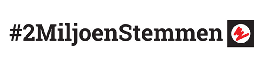 Hashtag met 2 MiljoenStemmen.nl en een rood gekleurd stemvakje ernaast.