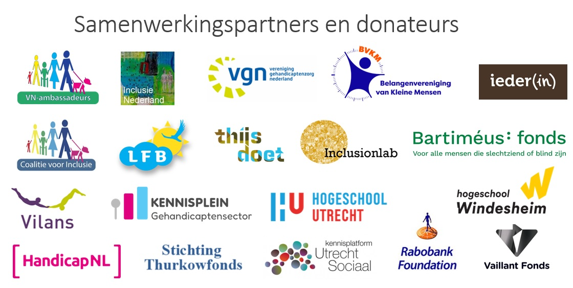 overzicht met logo's van samenwerkingspartners en donateurs van de werkconferentie Inclusie in beweging op 17 maart 2025